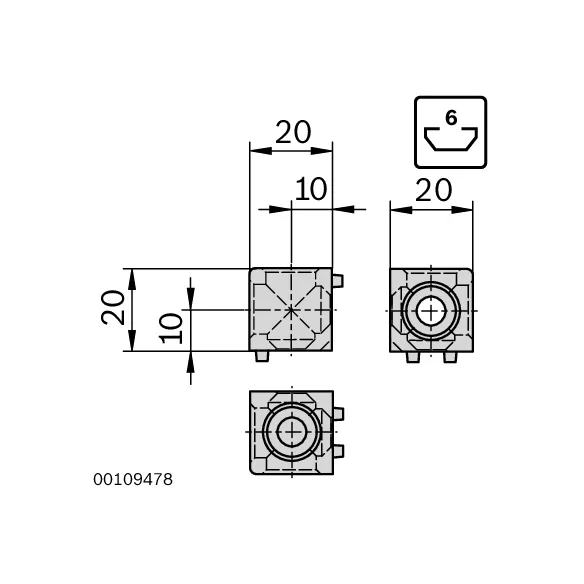 Łącznik węzłowy sześcienny 20/2 z zestawem montażowym