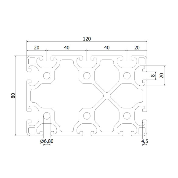 Profil aluminiowy konstrukcyjny 80x120L [rowek 8 mm]